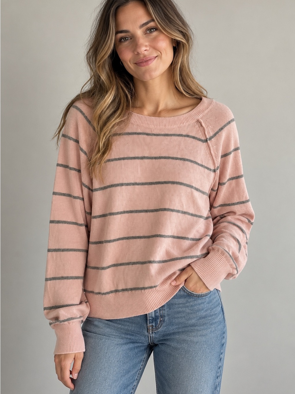 Lucky Brand Pink & Grey Striped Cotton Cashmere Sweater | Size L